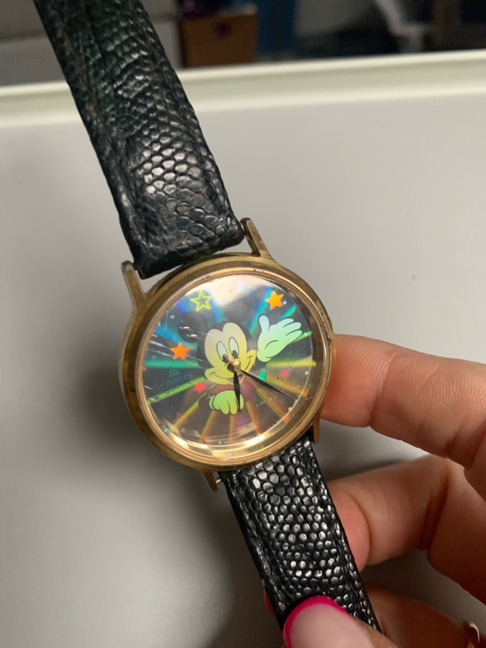 Gold-Tone Mickey Mouse Holographic Dial Watch with Black Strap Lorus